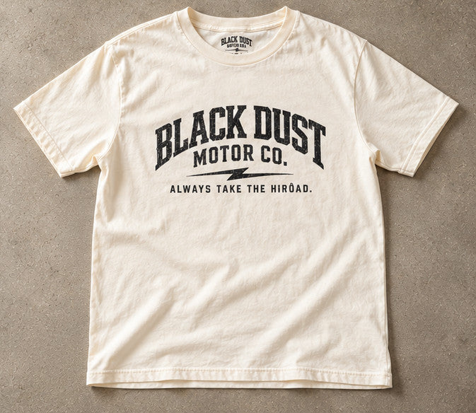 Ecru tee with the black arched Black Dust Motor Co. logo