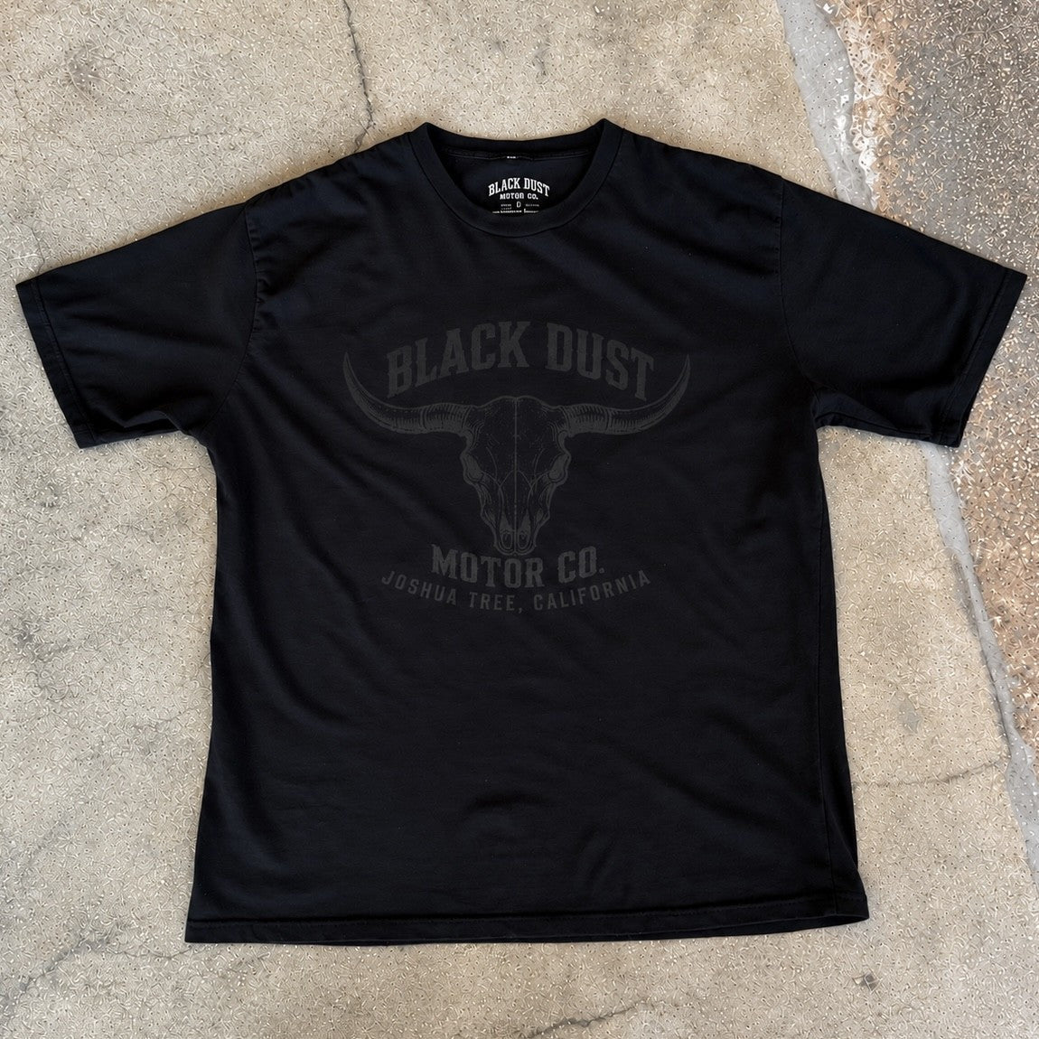 Black tee with a longhorn skull graphic and Joshua Tree, California, Black Dust Motor Co.