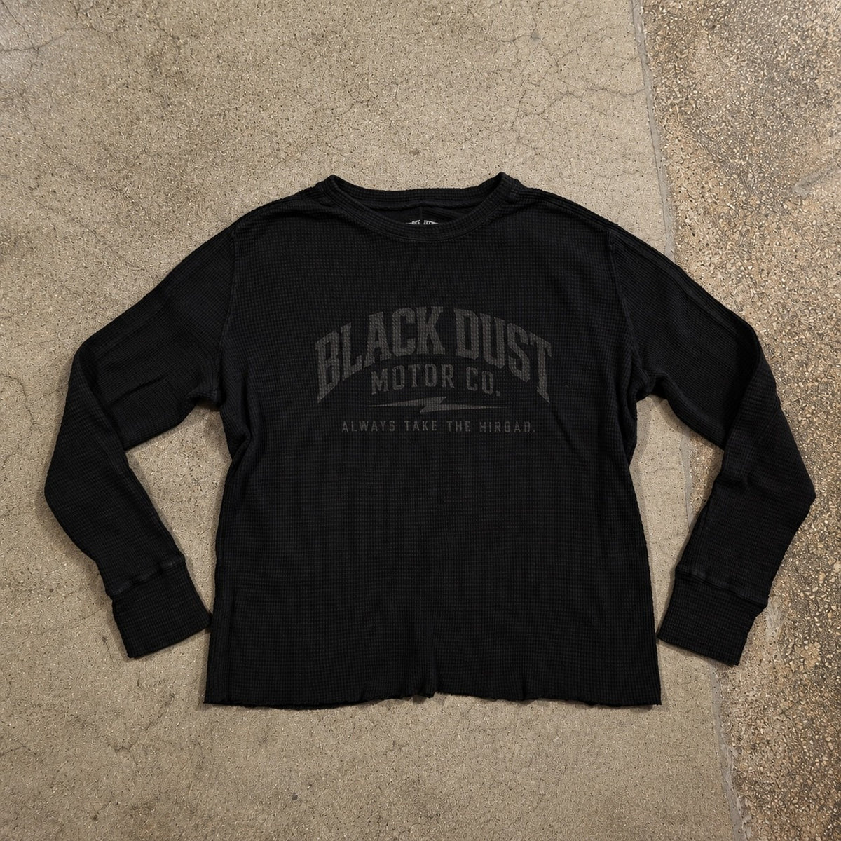 Black waffle-knit thermal long sleeve with the Black Dust Motor Co. logo